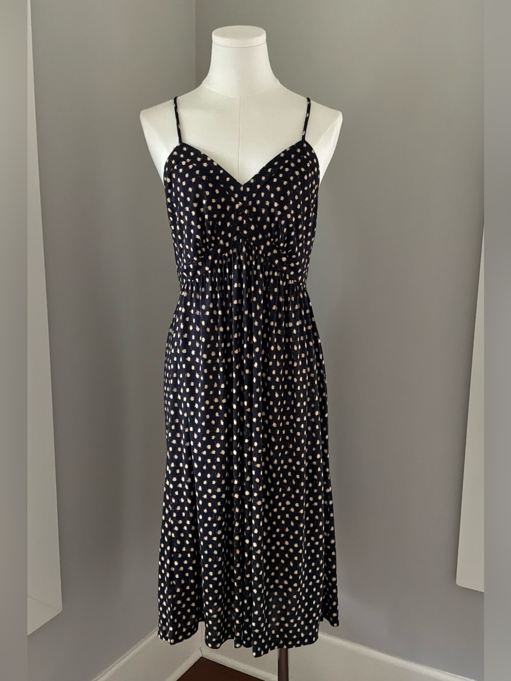 LOFT Sundress in Navy Blue with Tan Polka Dots Sundress.  Women’s XS